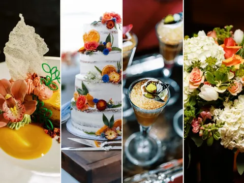 Four-panel FDZ Hospitality Group collage showing plated culinary work, a wedding cake, catered desserts, and floral decor