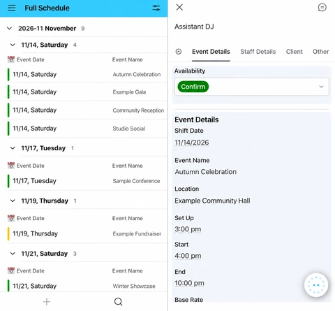 Two selected Orion mobile interfaces side by side: Full Schedule and Assistant DJ shift details, with coherent synthetic event records